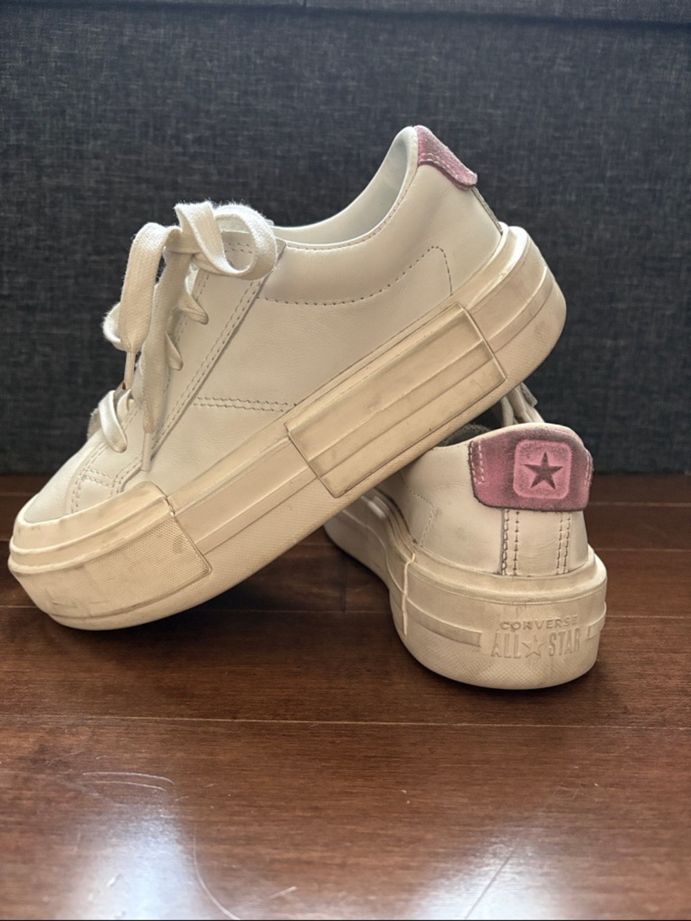 Converse Cruise White Leather Platform Sneakers with Pink Heel Accent